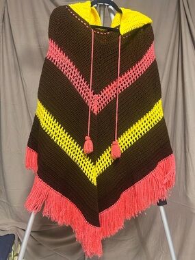 Handmade crochet poncho one size BoHo style fringe hooded